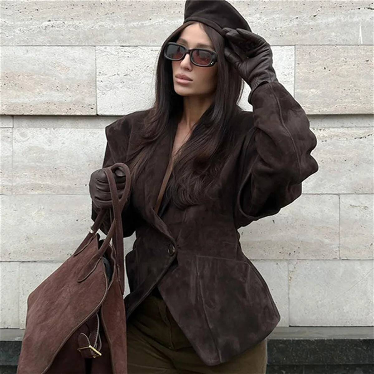 winter jacket women Autumn Chic Solid One Button Suede Jacket Elegant Female Lapel Long Sleeves Shoulder Pads Coat Fashion Women Loose Street Wear