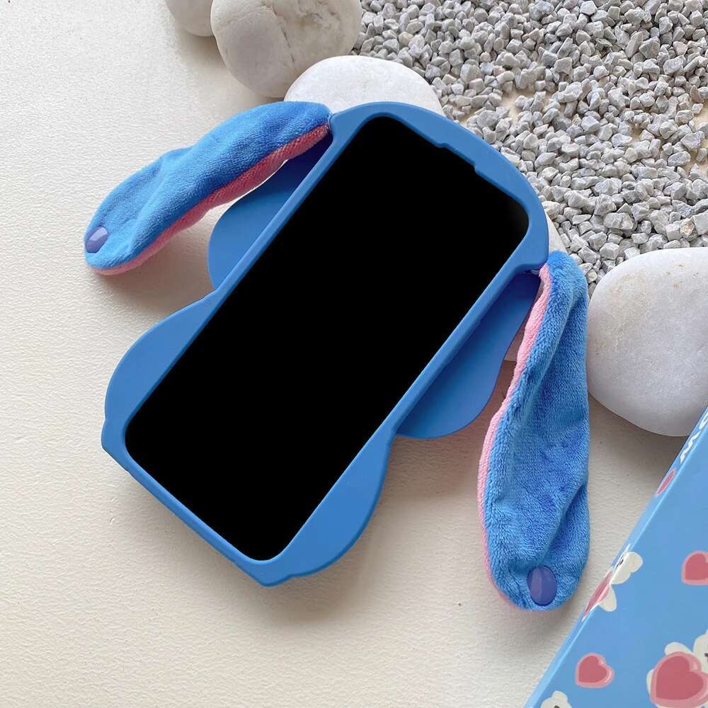 For iPhone 15 11 Max Pro 14 Plus 13 12 Kawaii Sit Big Ear Button Strap Cartoon Silicon Soft Phone Case