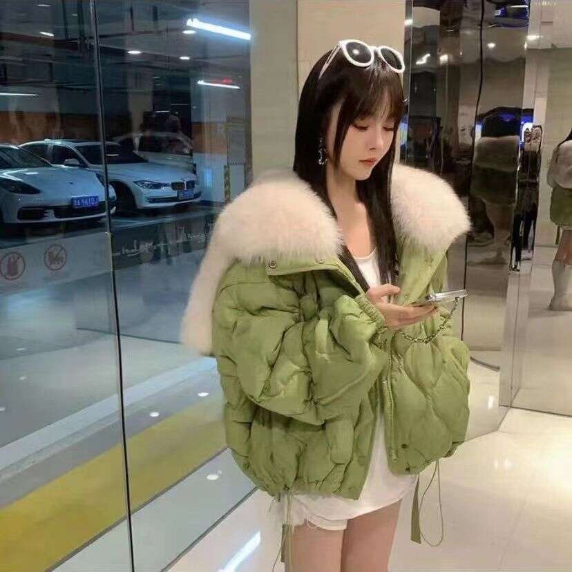 Large Lapel Hooded Faux Fox Fur Down Cotton Jacket For Women 2025 Winter New Korean Style Loose Fit Petite Top Trendy