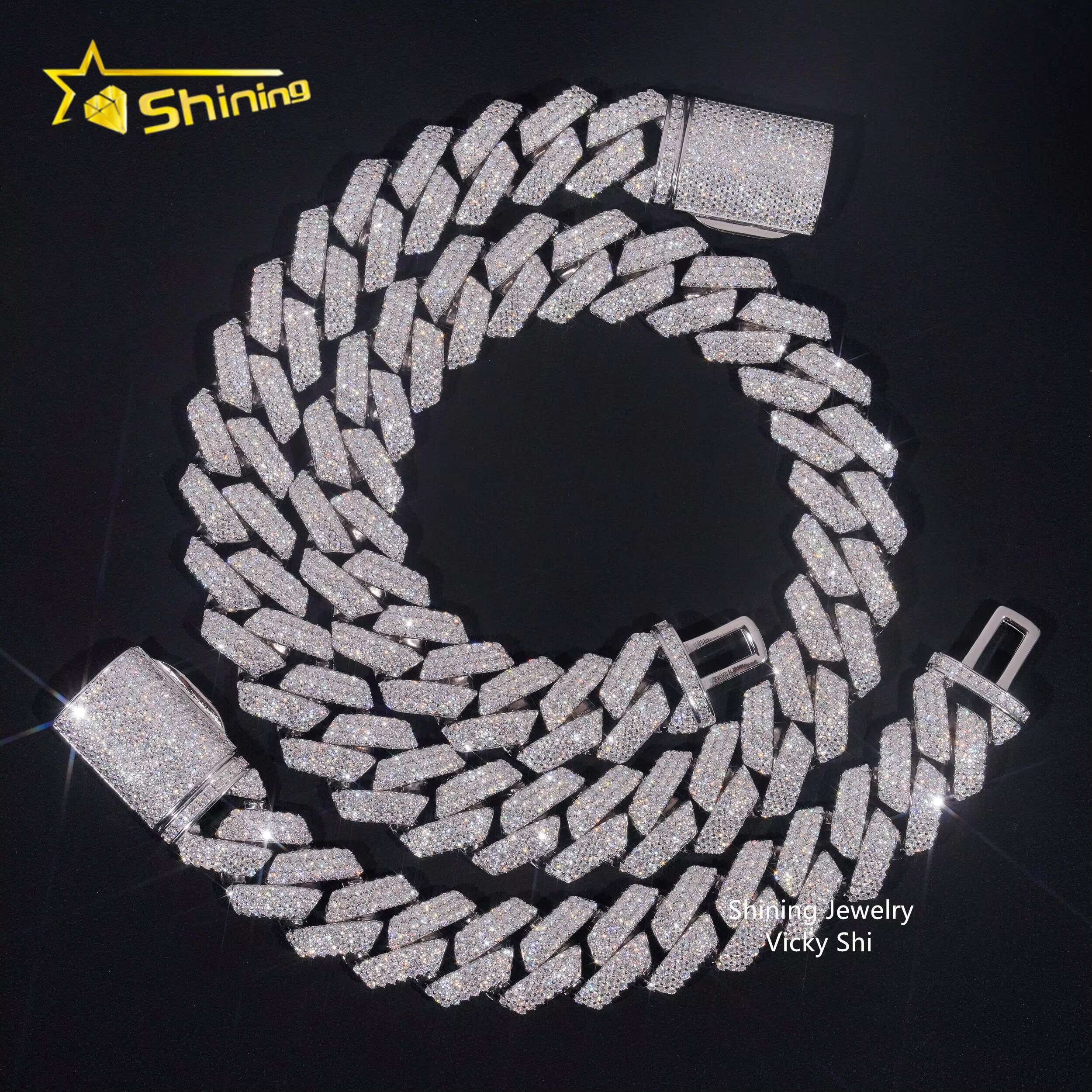 Fine Jewelry 925 Silver 18MM Width Iced Out Moissanite Cuban Link Chain Custom Rapper Hip Hop Cuban Link Bracelet Necklace