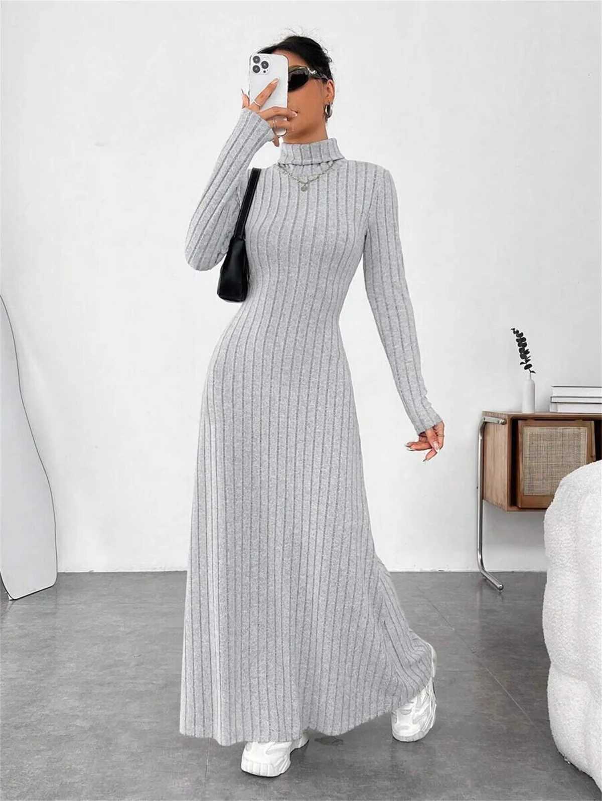 Knitted Elegant Long Sleeve Dress Women 2025 Autumn Winter Vintage Dresses Turtleneck Fashion Solid Vestidos Casual Street Y2K J251105