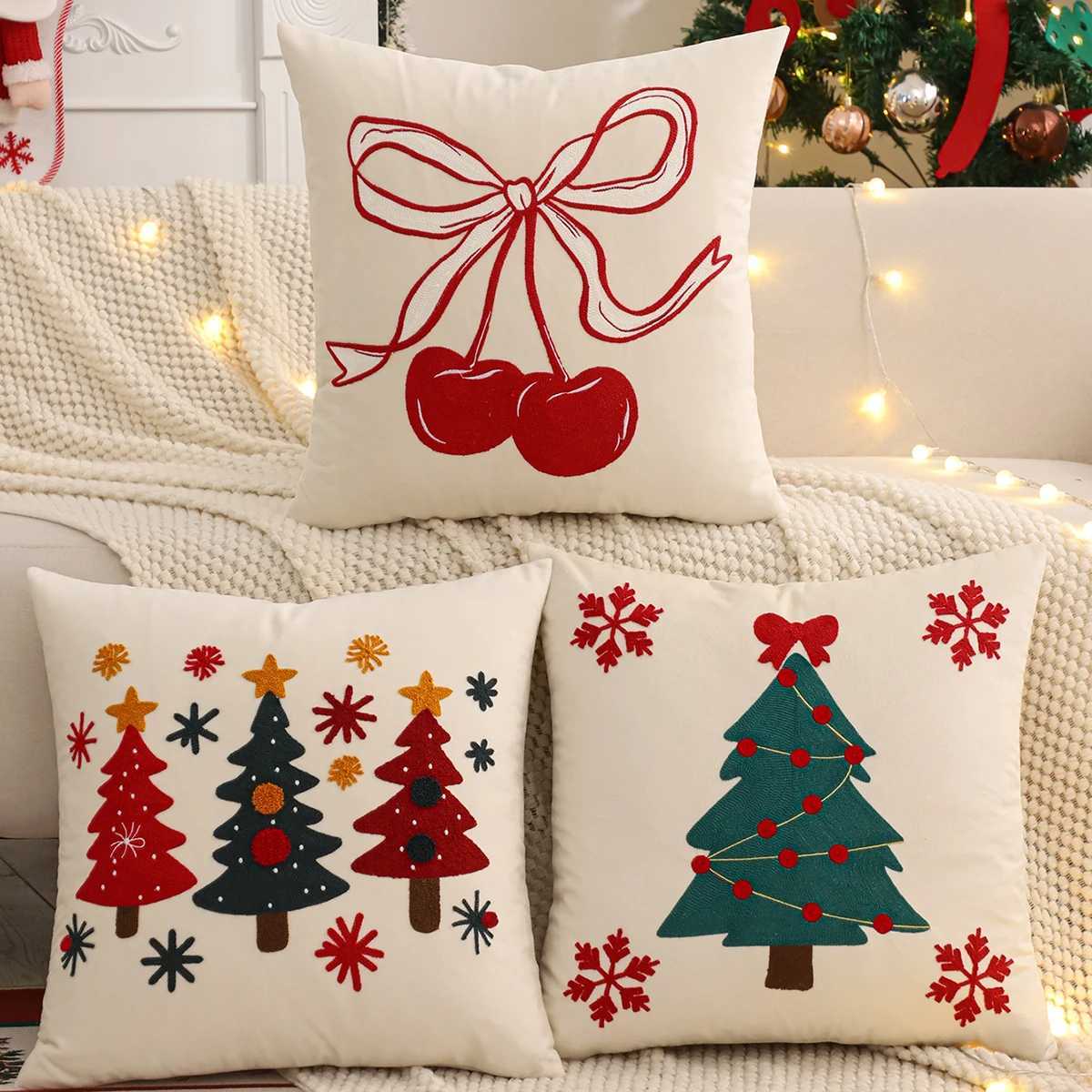 Embroidery Throw Pillow Cover Christmas Decoration Velvet Soft Christmas Tree Cherry Winter Farmhouse Home Sofa Living Room Y251105