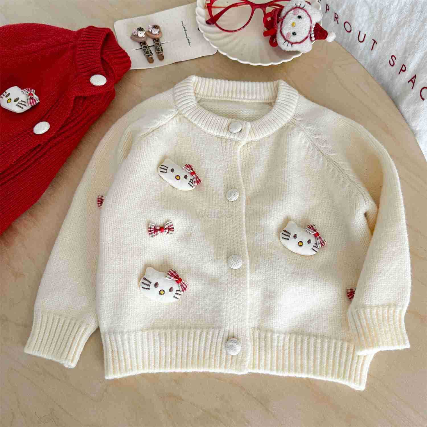 Sanrio Cream Cardigan 2025 Autumn Winter New 3D KT Cat Sweatshirt Girls Knitted Cardigan Girls Jacket Trendy H251105