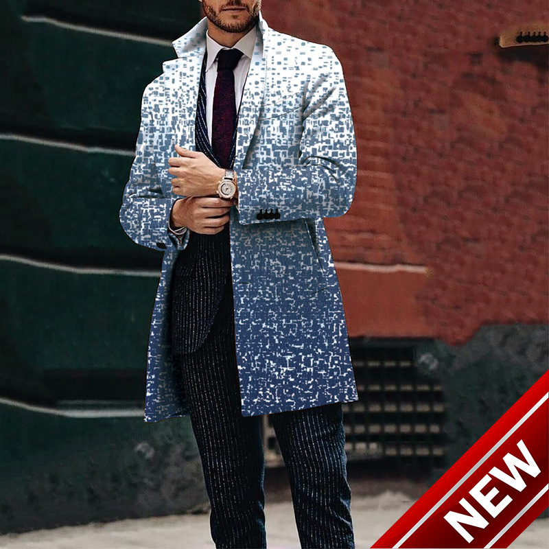 Autumn and winter new mens casual printed woolen medium long coat mens woolen coat