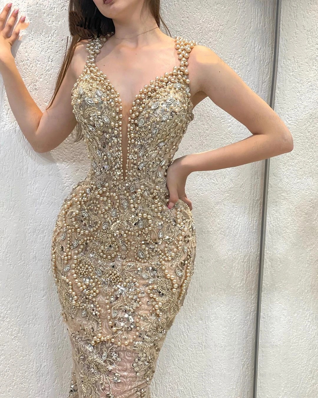 Designer Evening Dresses For Women Sweetheart Neck Sleeveless Gown Beaded Crystal Sequins Detachable Train Dress Party Custom Made