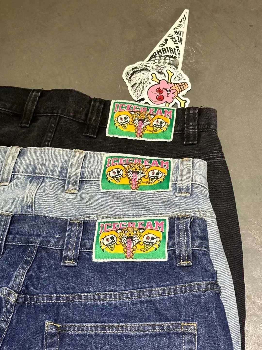 ICECREAM Fly Dog Printed Men Straight Denim Pants Loose Fit YKK Zipper Casual Denim Jeans Pants Trousers Z251104