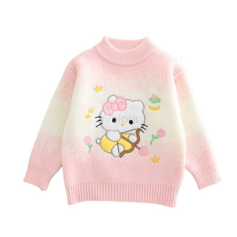 Sanrio Cartoon Cute Kitty Cat Embroidered Girls Sweater Knitwear Autumn Winter Style Childrens Round Neck Warm Base Layer H251105
