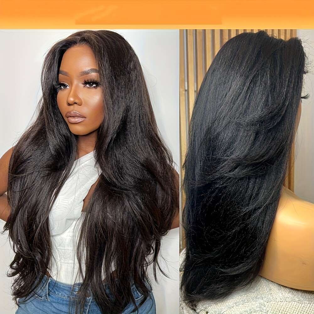 Yaki Straight Human Hair Wig With 13X4 Transparent Lace Front 180% Density Brazilian Hair, Pre-Plucked Natural Hairline, Tiny Knots Shoulder-Length 14