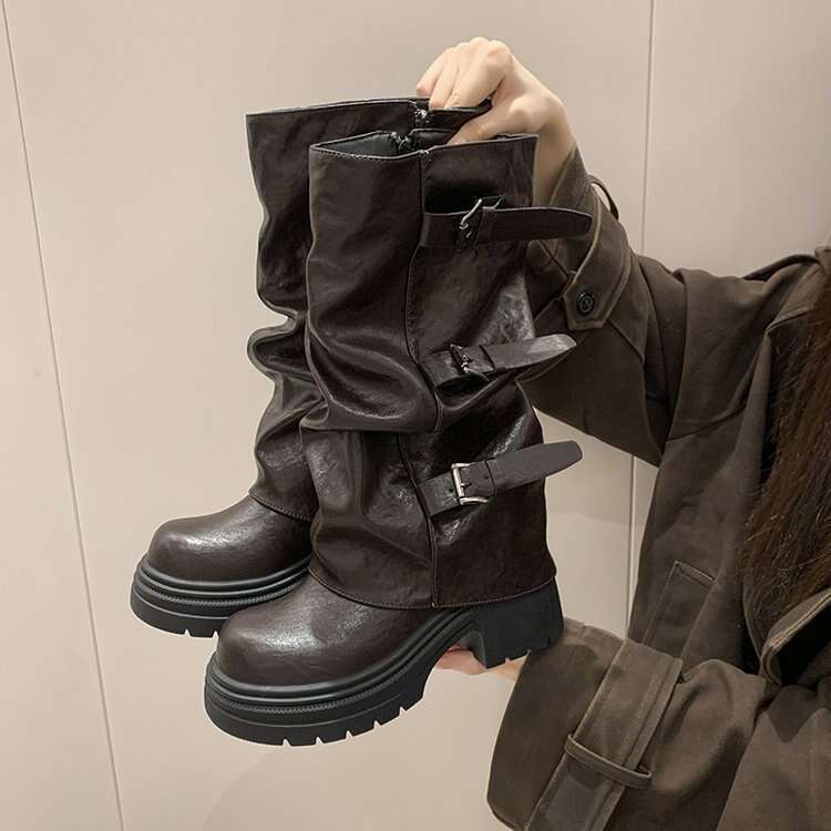 High Quality Fashion Two-Way Belt Buckle Cuff Short 2025 Autumn New Slimming Casual Slouchy Long Tube Riding Boots for Women Women's Leather Boot