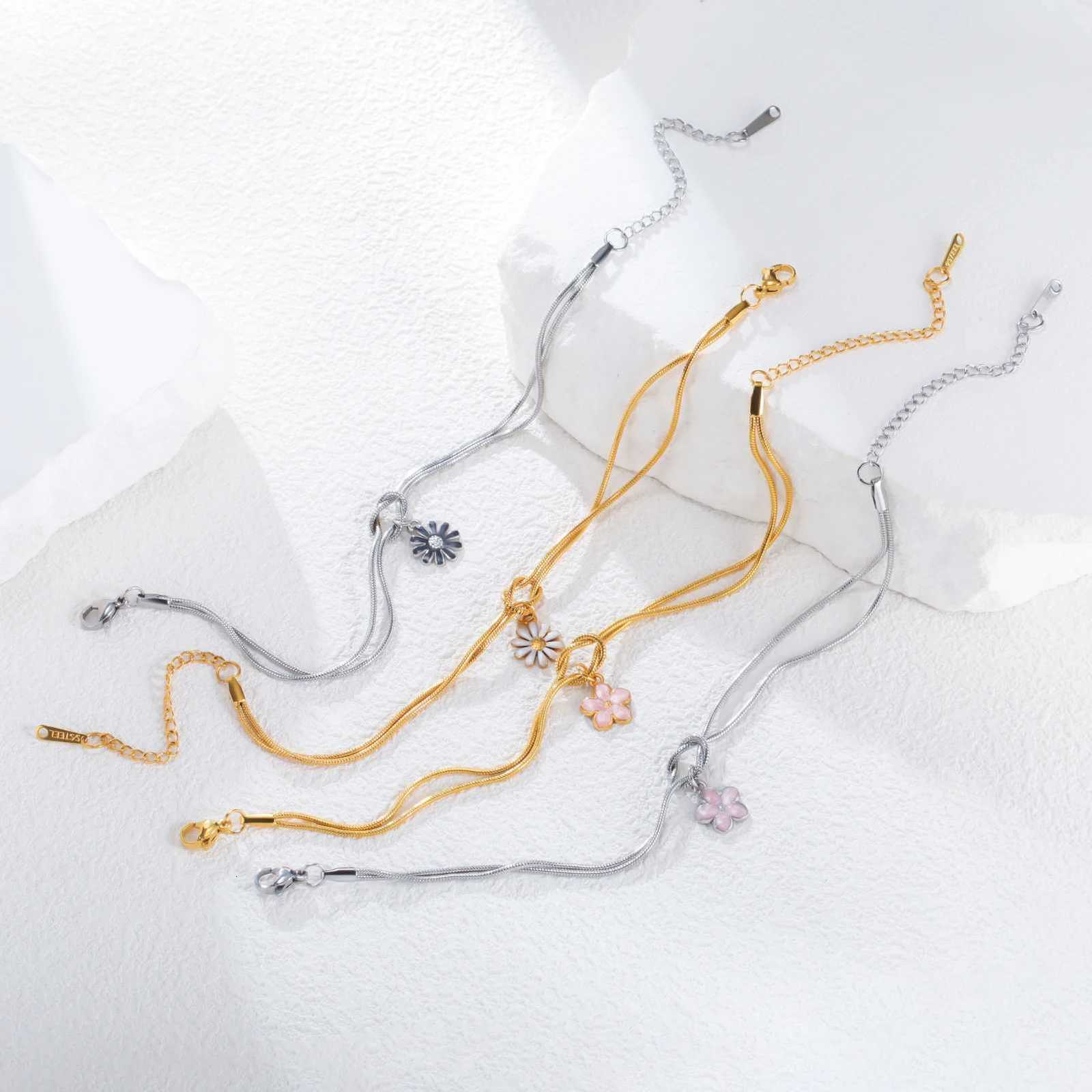 Enamel Flower Charm Bracelet Stainless Steel Gold Color Adjustable Love Knot Double Snake Chain Women Cherry Blossom JewelryXJ251105