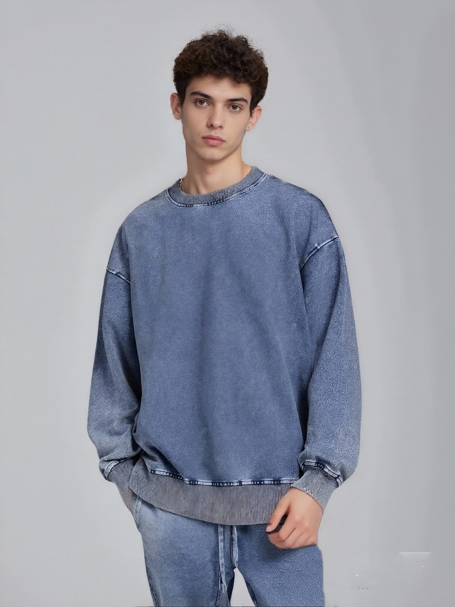 BLNCG Men's Washed Retro Sweatshirt, 100% Cotton Vintage Style, Customizable Oversize Fit -KB-01