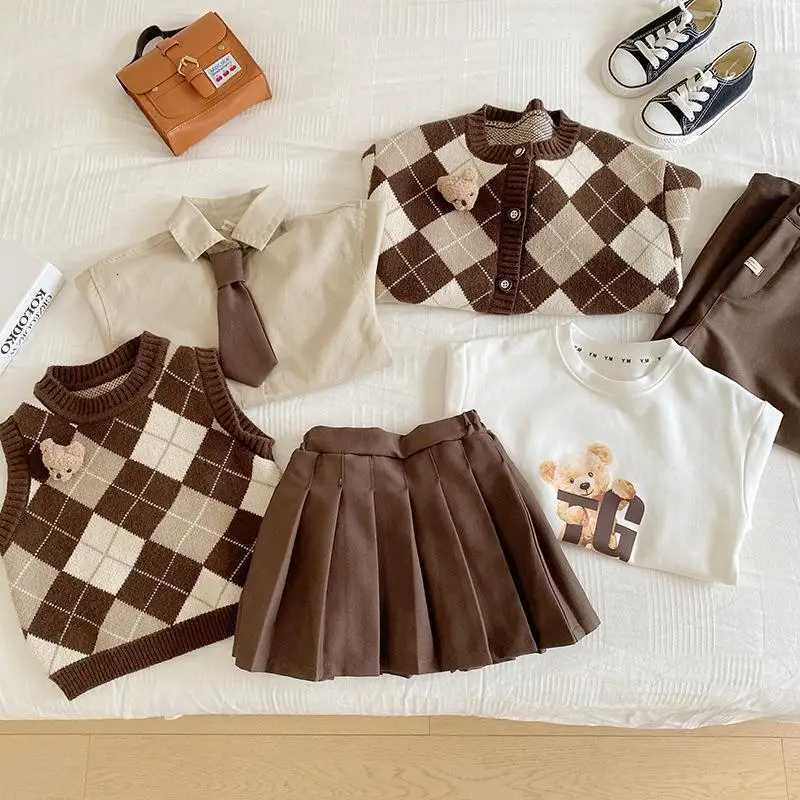 Girls Autumn Sweet Suits Set with Skirt Pleated Vest Shirt Boys Sweater Coat Kids College Outfit Baby Infants Clothing Y251105