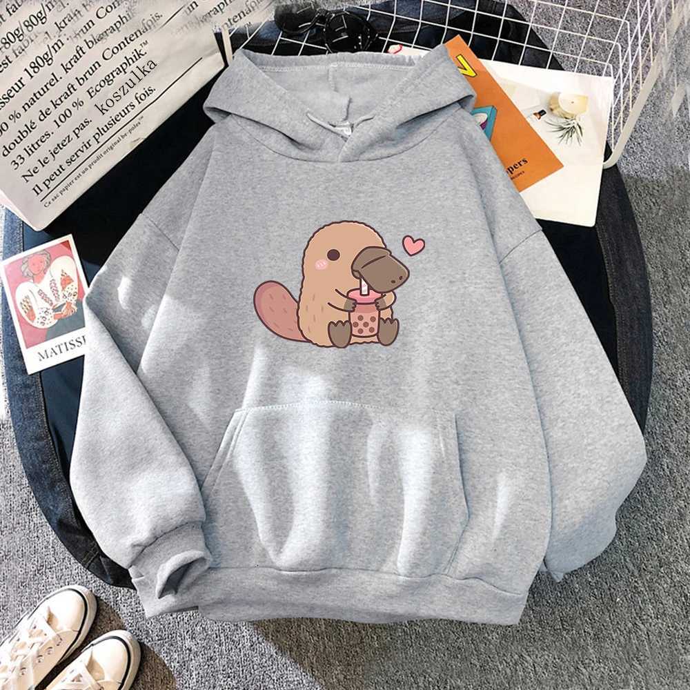 Harajuku Aesthetic Unisex Pullover Sweatshirt Vintage Cute Platypus Loves Drinking Bubble Tea Hoodie Women/men HoodiesT251105