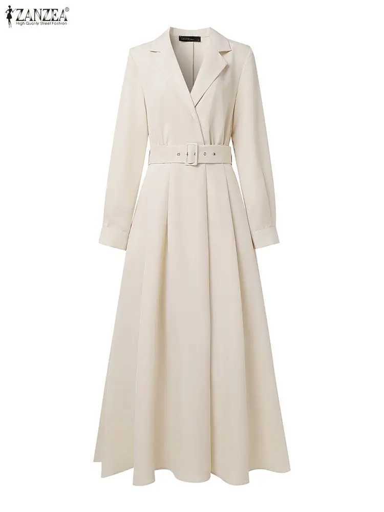 Women Autumn OL Work Dress ZANZEA 2025 Elegant Lapel Long Sleeve Office Dresses Solid Belted Robe Stylish A Line Party Vestidos J251105