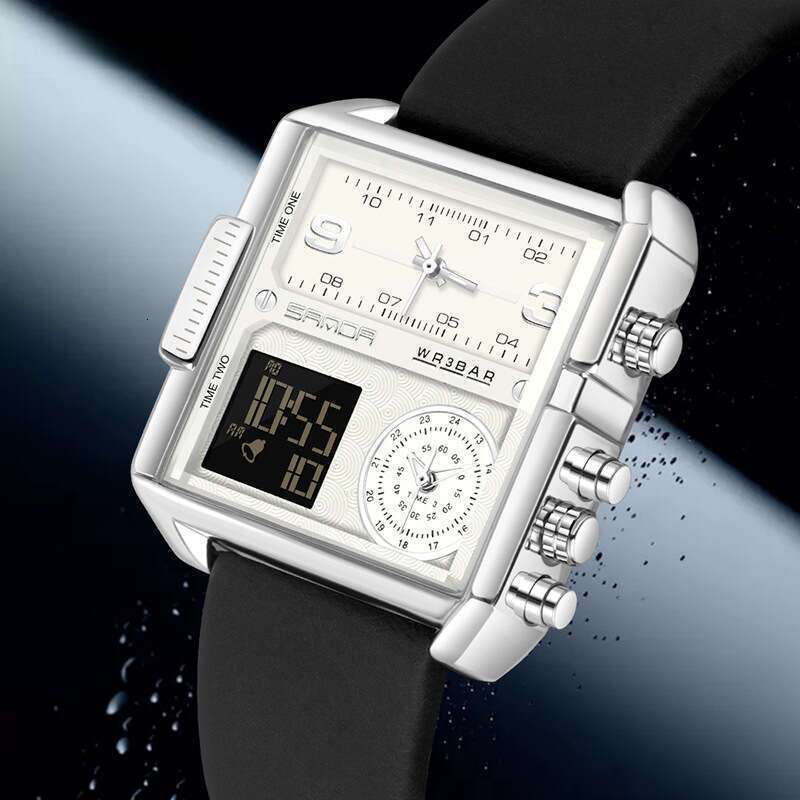 DHwatches Sanda 6023 Style Square Large Dial Three-Display Multi-Function Men's Quartz Electronic Dual-Movement Wristwatch