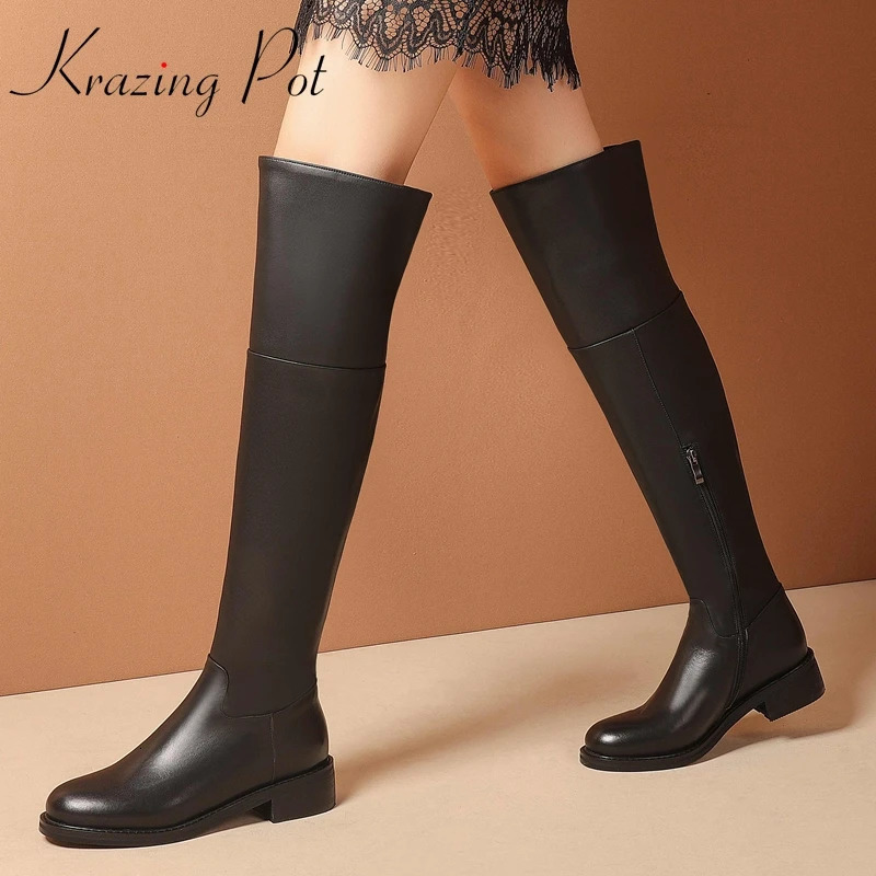 Krazing Pot Big Size 43 Cow Leather Round Toe Med Heel Young Lady Daily Wear Simple Style Classic Black Overtheknee Boots L52 251031