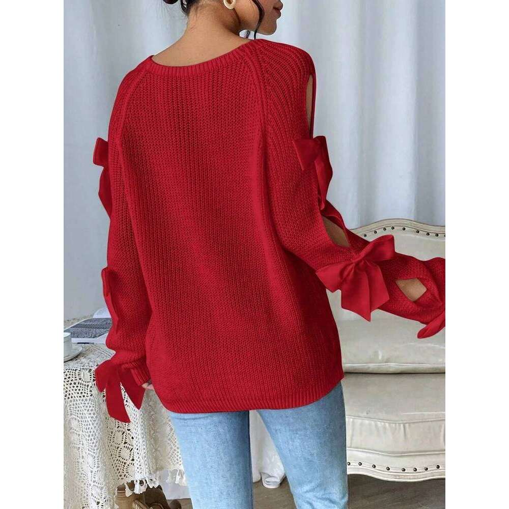 Fashionable Bow Details Hollowed Out Raglan Sleeves Knit Round Neck Minimalist Sweater Designer Sweater Bear Sweater