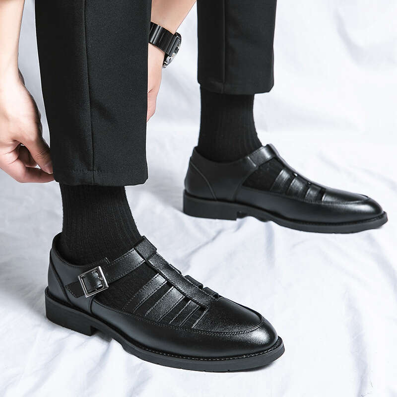 Large summer hollow men's Men's 38-45 cowhide British breathable formal business leather sandals