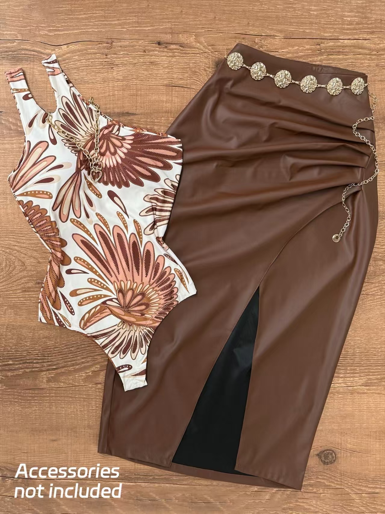 Chic Casual Wear for Her: Designer Polyblend Outfits Collection Rust-Colored Halterneck Blouse w/ Tapered Bottoms---1764