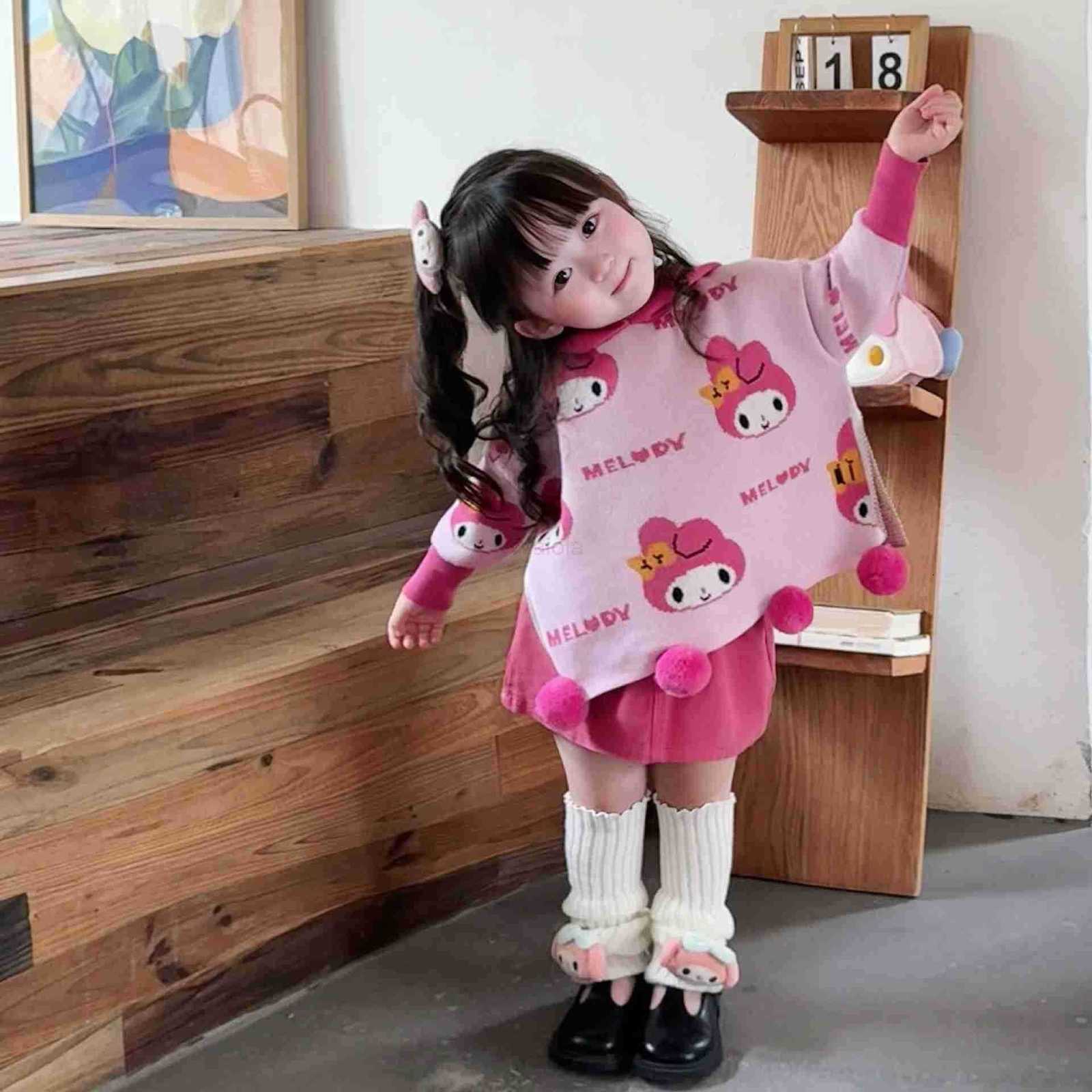 Sanrio Kuromi My Melody 2025 Autumn Winter Girls Knitted Cape Stylish Hooded Childrens Cartoon Cute Sweater Top H251105