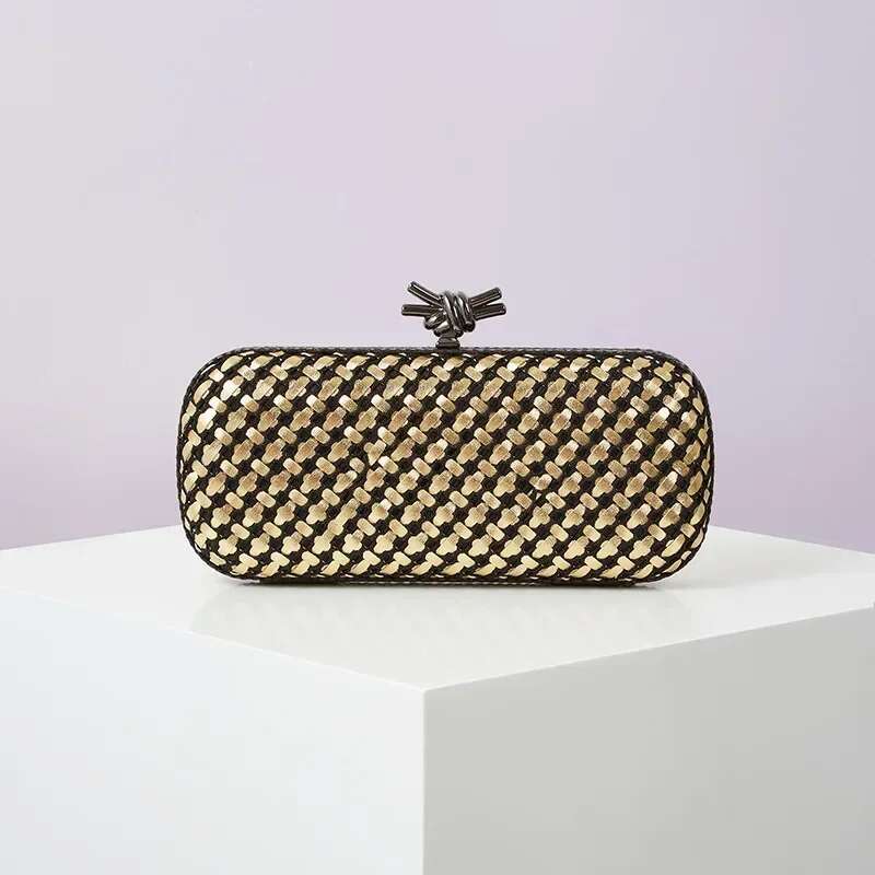 Gold Evening Clutch Bag For Women Leather And Bright E Woven Purse Elegant Ladies Metal Knot Party Handbag Bolsas Femininas