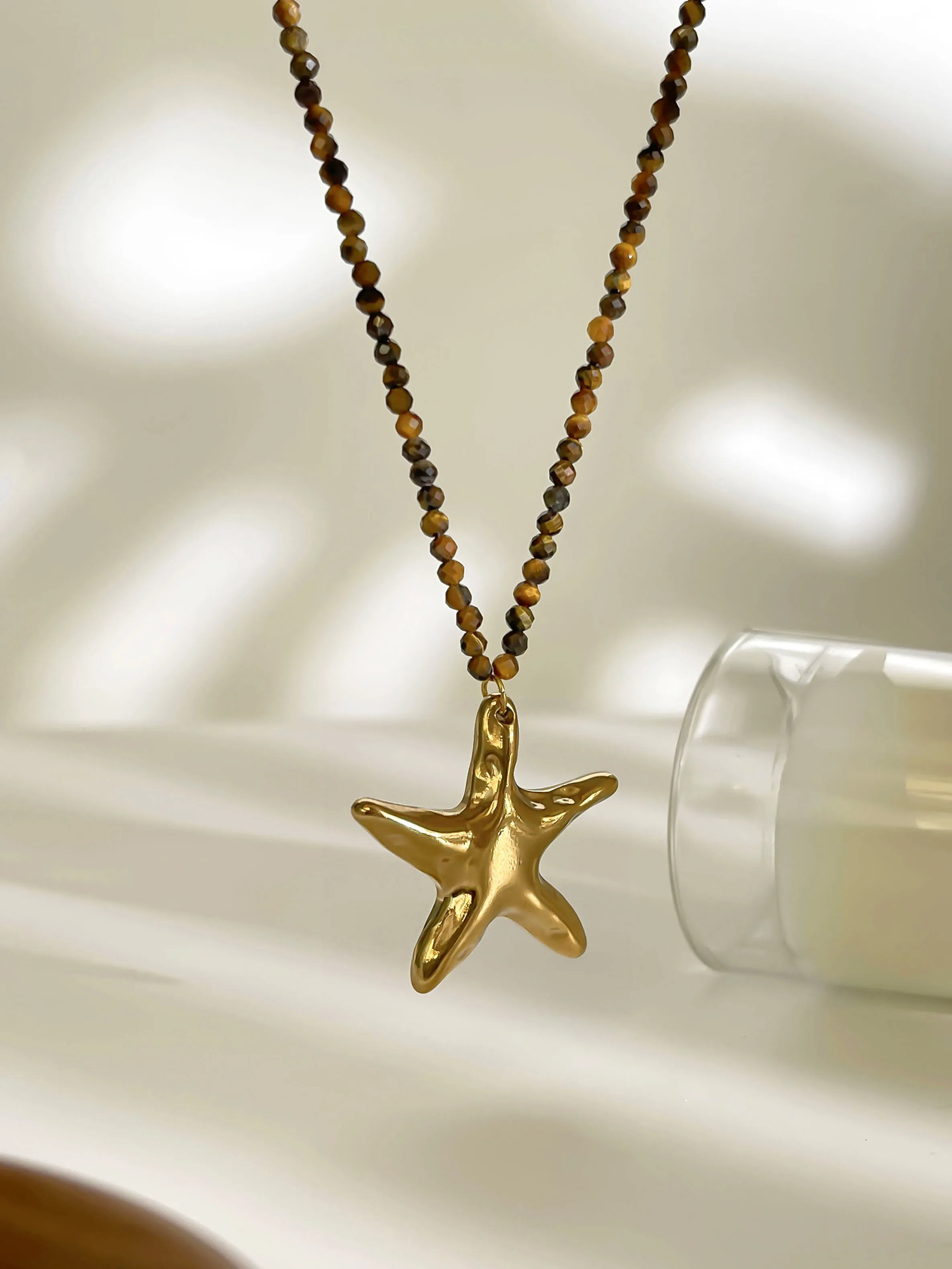 GHIDBK Fashion Natural Yellow Tiger Stone Beaded Chain Starfish Pendant Necklace for Women Stainless Steel Ocean Style Jewelry 251031