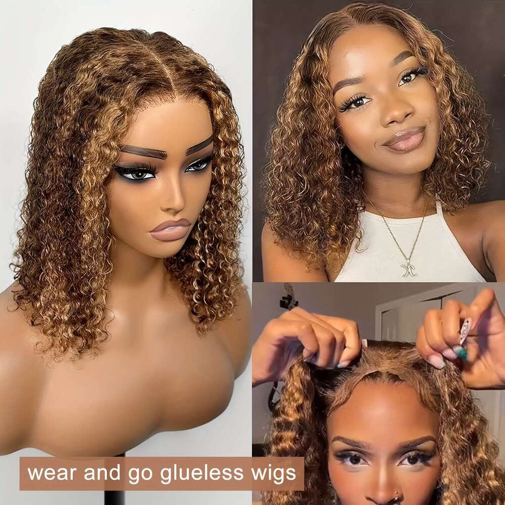 250% Density Glueless With Transparent Front - Natural Brown Blonde Ombre Highlights, Pre-Cut Pre-Plucked Hairline, Deep Wave Human 13X4 Lace Hair Wig