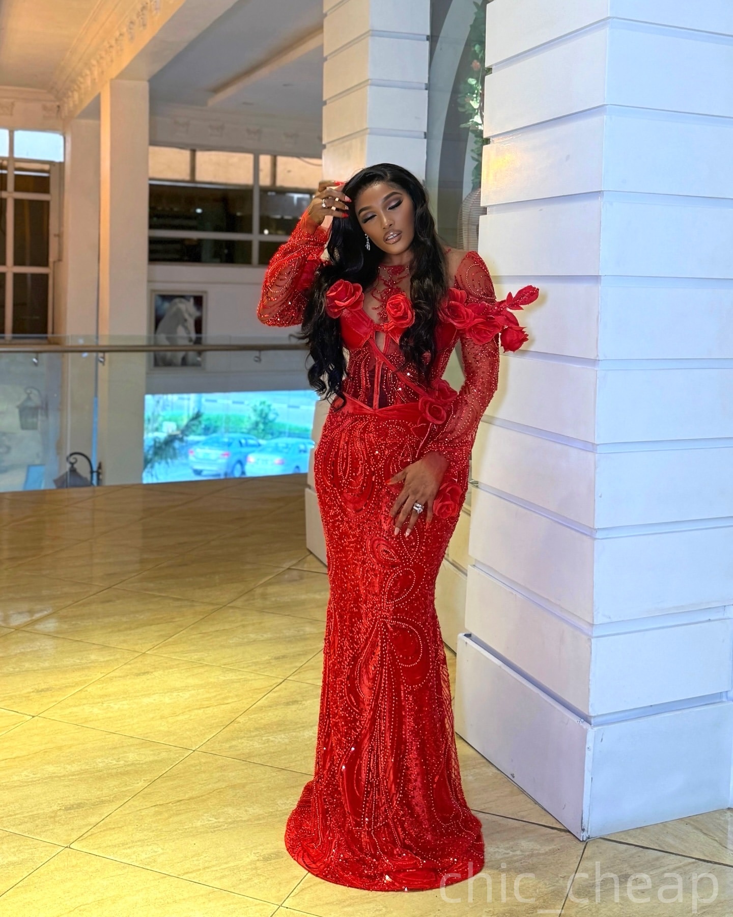 Red Mermaid Prom Dresses 2026 Flowers Sheer Neck Long Sleeves Sequined Evening Formal Party Second Birthday Engagement Gowns Plus Size Dress For Speci