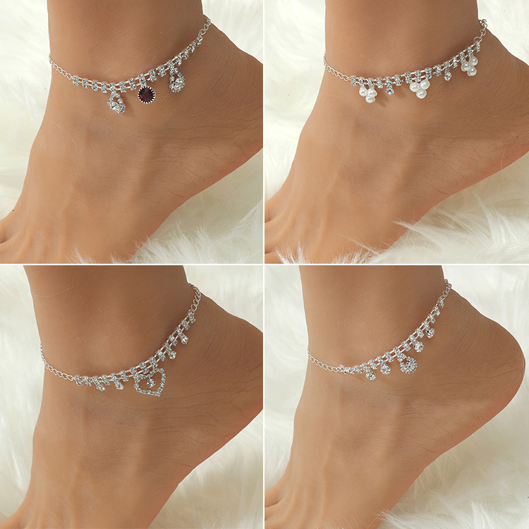 Inlaid Dia Chain Anklet Summer Hot Sale Bohemian Pearl Heart Beach Foot Jewelry for Women