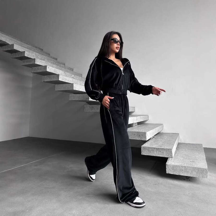 European And American New Velvet Sports Suit Striped Hooded Cardigan Jacket Tie Wide-Leg Pants Two-Piece Set For Women B5