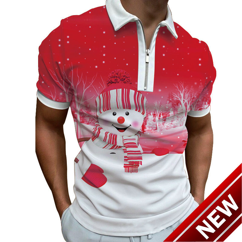 Spring new mens 3D printed casual polyester floral zipper POLO short sleeved T-shirt