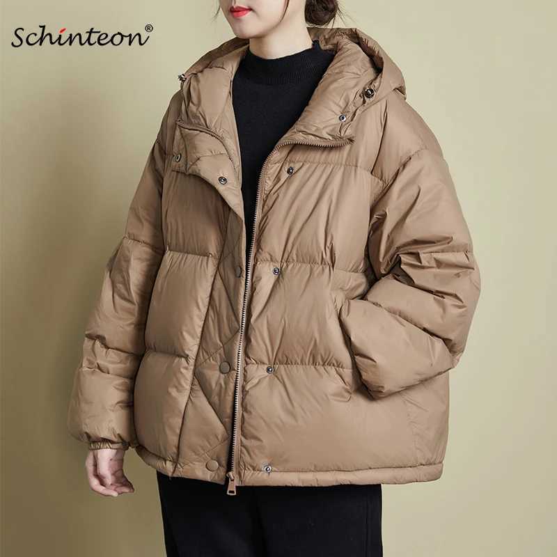 Schinteon Women 90 White Duck Down Jacket Loose Casual Over Size Winter Warm Thick Outwear High Quality with Hood Coat 2023 NewT251105
