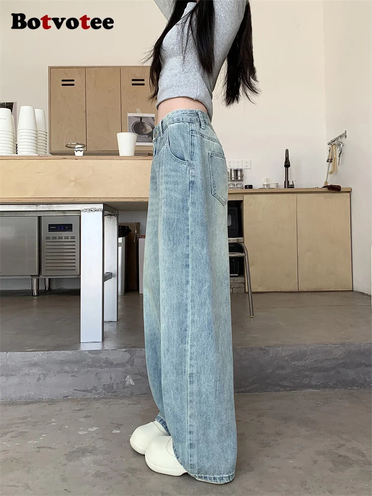 Botvotee grab grain burlap bag jeans for womens springsummer Korean fashion wide leg high waist blue denim 250403