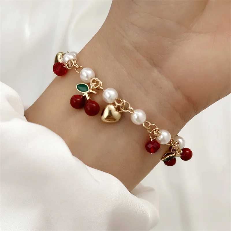 Sweet Cute Red Strawberry Cherry Heart Pearl Charm New Fashion Y2K Fruit Gold Color Chain Jewelry Party Gifts 2025 C251105