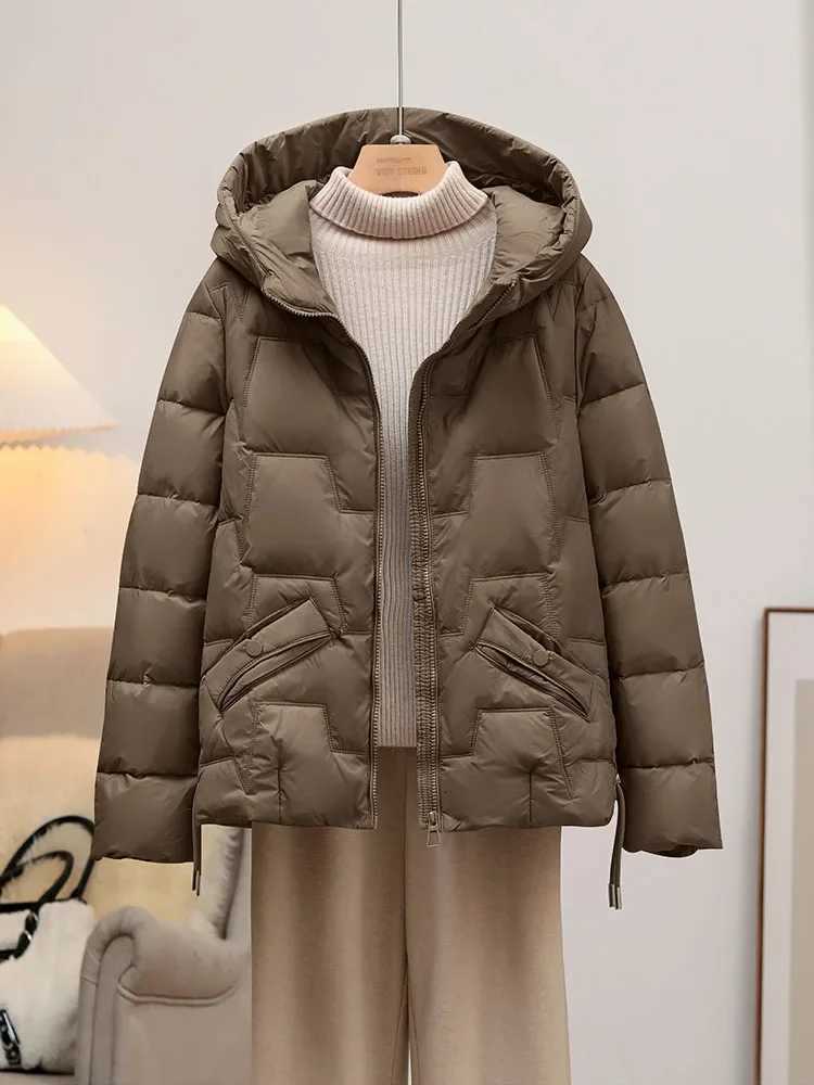 Schinteon Women White Duck Down Jacket with Hood Autumn Winter Warm Outwear Korean Style High Quality Solid Color Coat 2025 NewT251105
