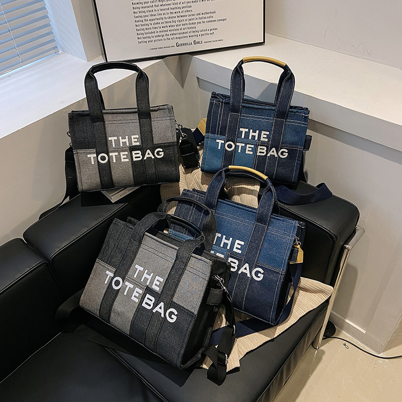 Designer's new embroidered letter handbag women's denim blue retro patch armpit bag