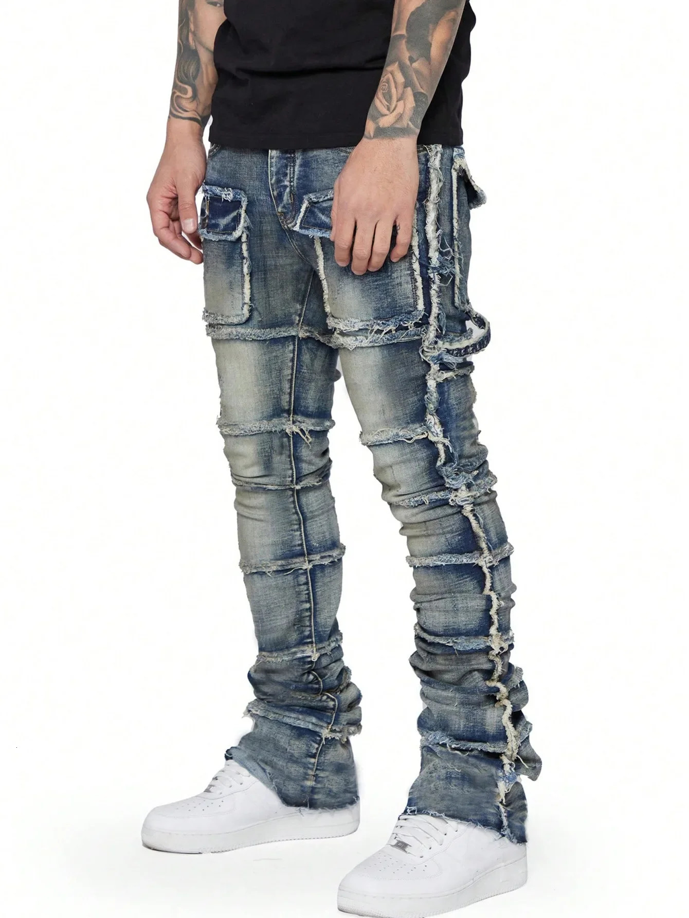 Trend Mens Jeans European and American Fashion Work Clothes Mens Wardrobe with Patches Elasticity Layering and Slight Glitter 250402