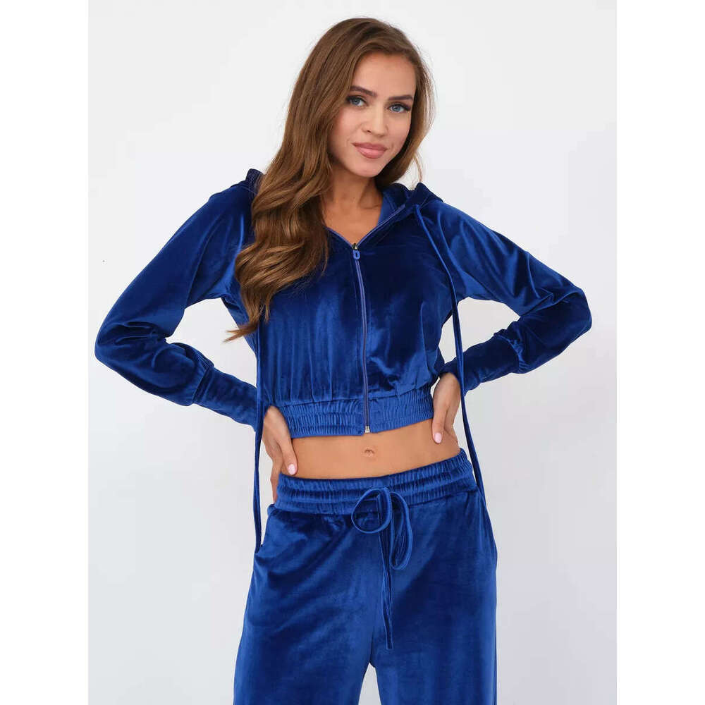 European And American Fashion Casual Women's Solid Color Zipper Cardigan Silver Fox Fleece Sweatshirt Tie Pants Two-Piece Set B5