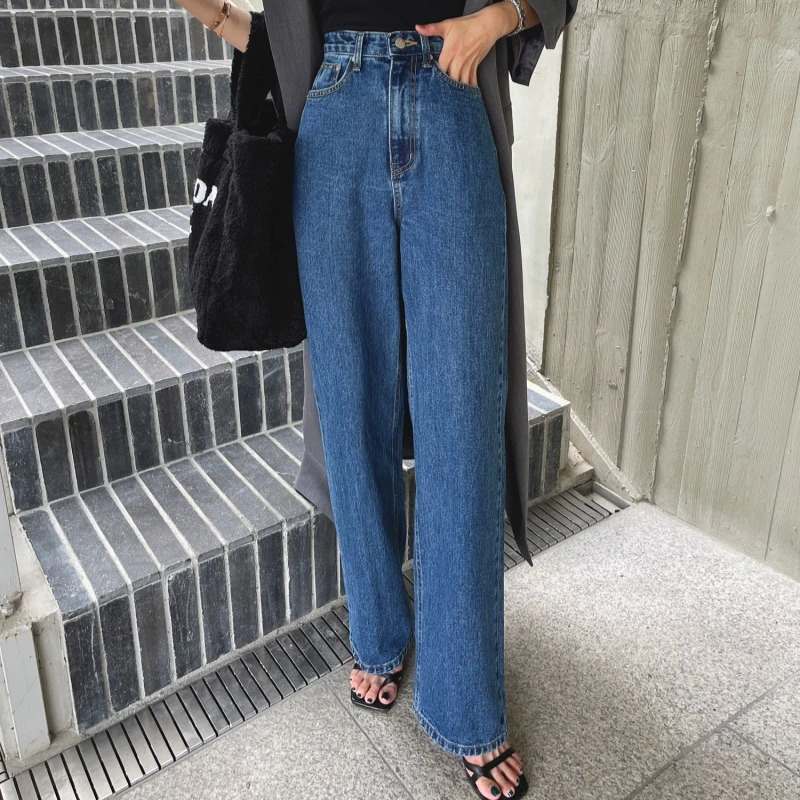 SpringSummer Retro Cowboy Wide Leg Pants High Waist Blue Street Wash Casual Loose Jeans Pocket Womens 250403