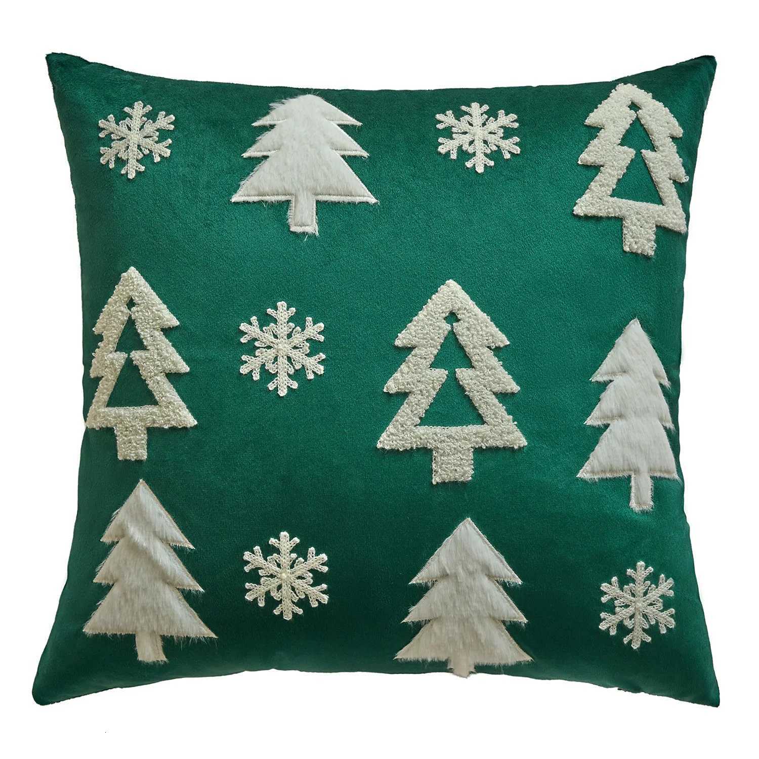 Green Christmas Cushion Covers Embroidery Xmas Trees Decorative Lumbar Throw Pillow Cover Winter Holiday for Sofa Living Room Y251105