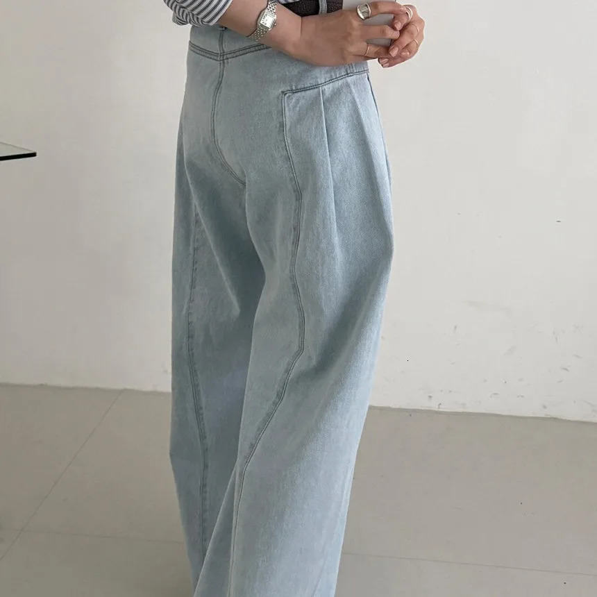REALEFT SpringSummer Retro Folded Denim Wide Leg Pants High Waist Street Wash Casual Full Length Jeans for Women 250403