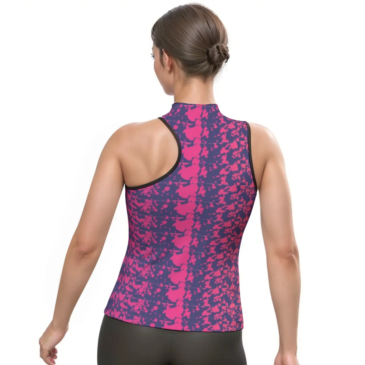 Women's Halter Sleeveless Asymmetrical Tank Top, All-Over Print Workout Top with Black Binding, Medium-Impact Fitness Shirt