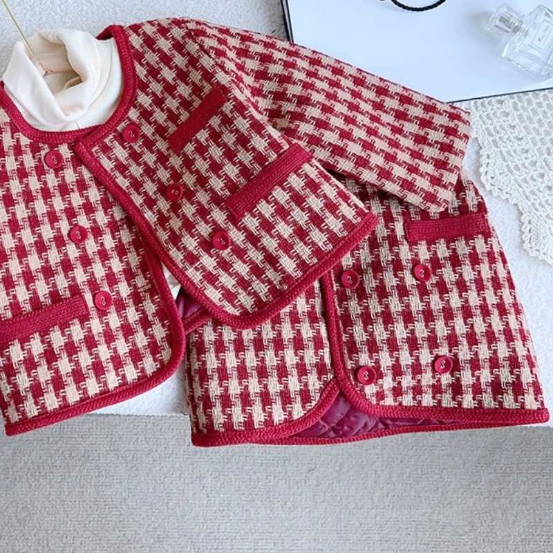 Winter New Grid Small Fragrant Style Cotton Jacket for Girls Korean Warm and Thick Baby Jacket Two-piece Set Y251105