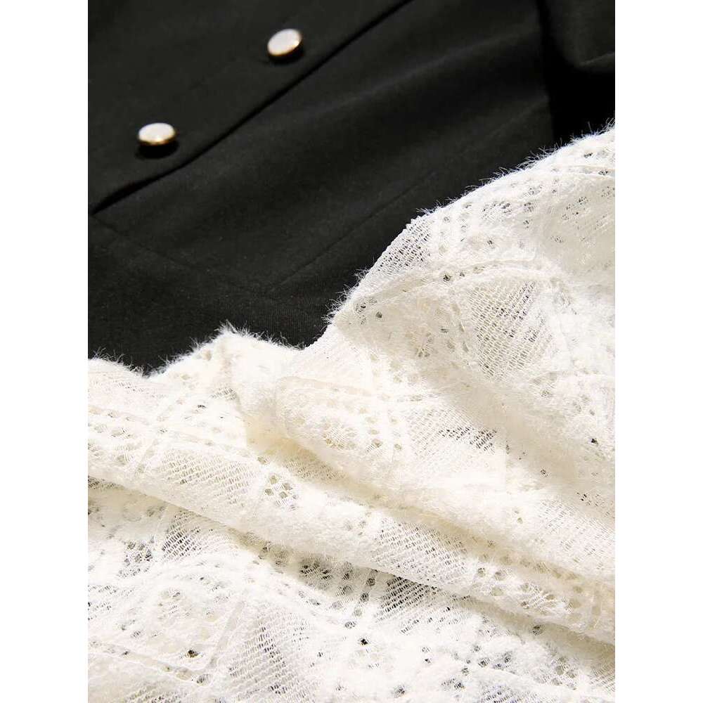 Women Autumn New A-E Black French Lace Patchwork Long-Sleeve Gentle Midi Female Dresses