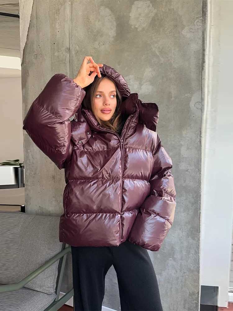 Detachable Hooded Womens Cotton Jacket lacquered Long Sleeve Zipper Pocket Female Coats Oversized Loose Casual Coats For LadiesT251105