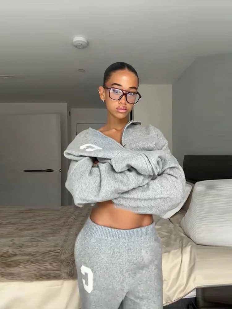 Letter Pattern Knit Jacket Trousers Lady Set Hooded Zipper Jackets High Waist Straight Long Pants Casual Versatile Womens Sets W251104