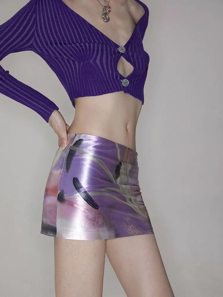 Womens clothing purple flower printed acetate fabric summer sexy ultra-thin low Fanny Pack Hip Skirt Culottes ropa de mujer 250402