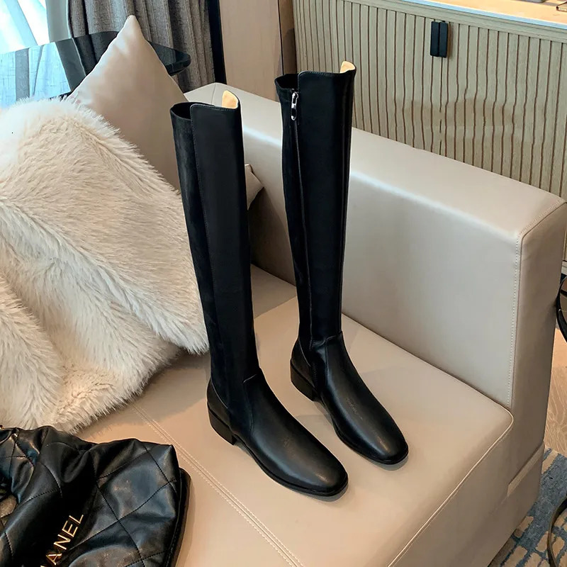 MKKHOU Fashion KneeHigh Boots Women High Quality Real Leather Stitching Low Heel Leather Boots Daily High Boots Winter 251031