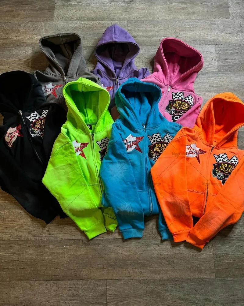 Streetwear Trend Color Zipper Hoodie American Retro Printed Oversized Sweatshirt Mens Hip Hop Punk Casual Loose Jacket Couple 250402