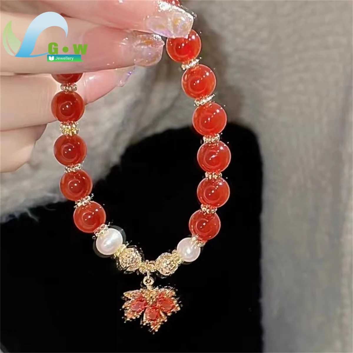 Red Crystal Beaded with Rhinestones MAPle Pendant - Retro Friendship Jewelry Gift for Women Girls Teens Fashion C251105